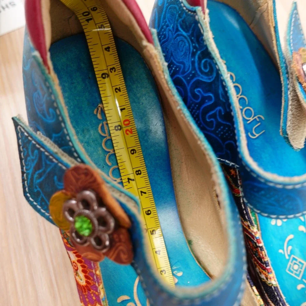 Paisley Mary Jane Pumps Womens 8 Blue Boho Festival Block Heel Artisan SOCOFY 39